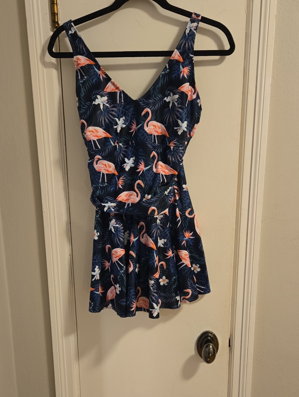 Women’s Navy Flamingo Print Swimdress with Skirt